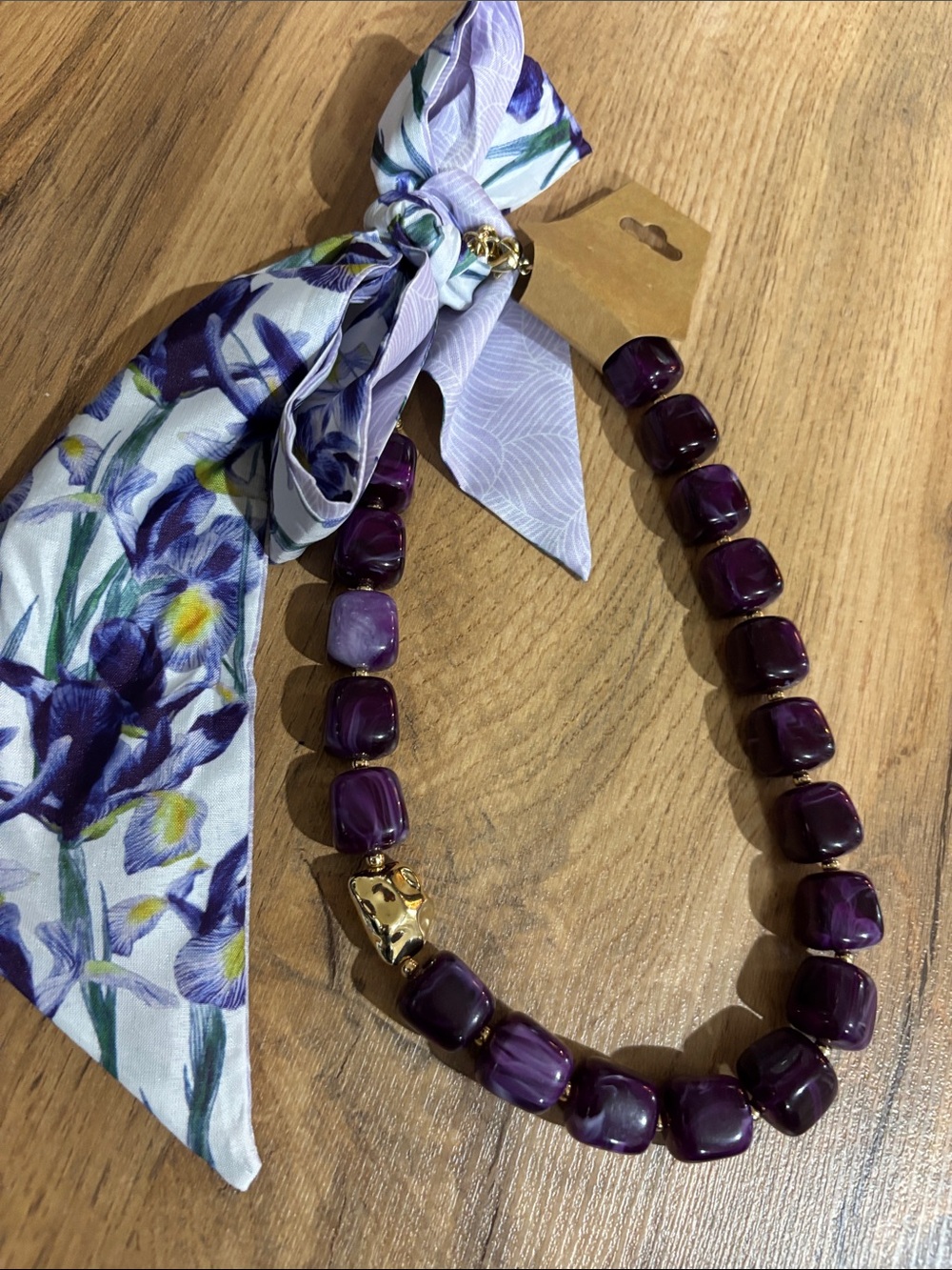Purple chunky Beaded Necklace with Floral Scarf Accent